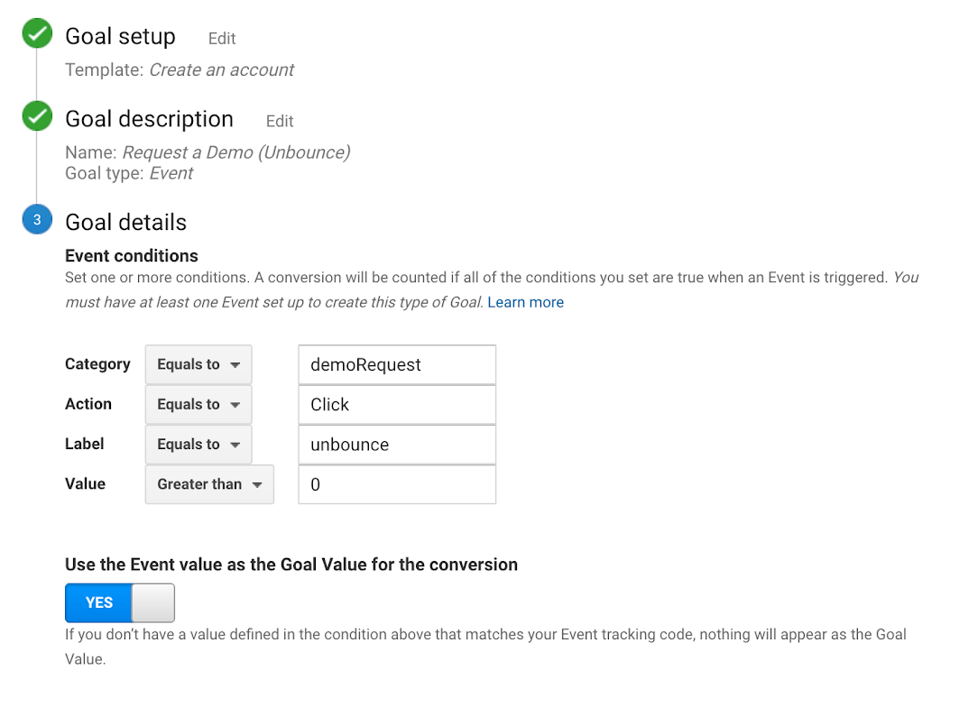 Example of Google Analytics goal setup